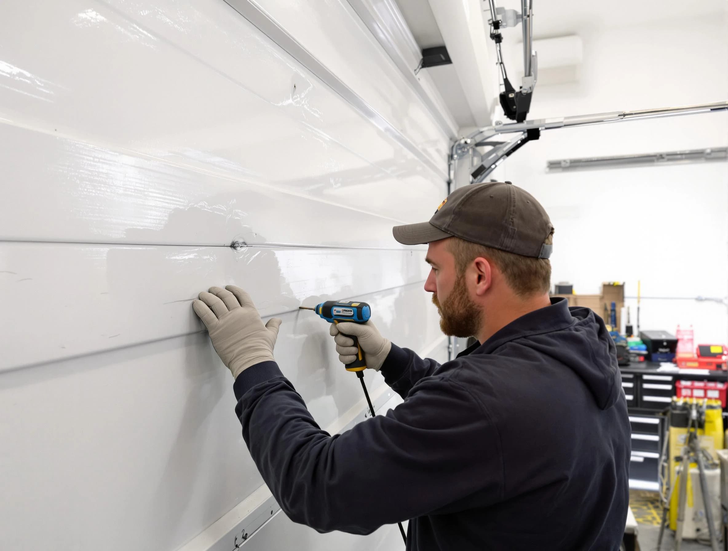 Munhall Garage Door Repair technician demonstrating precision dent removal techniques on a Munhall garage door
